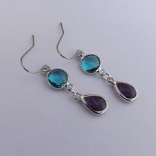 Load image into Gallery viewer, Blue &amp; Purple, Silver Tone Drop Earrings
