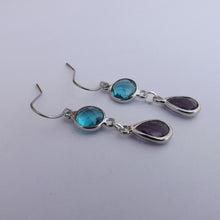 Load image into Gallery viewer, Blue &amp; Purple, Silver Tone Drop Earrings
