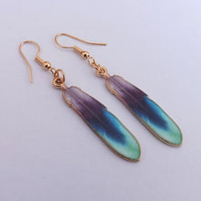 Load image into Gallery viewer, Blue, Purple &amp; Gold Tone Feather  Drop Earrings
