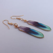 Load image into Gallery viewer, Blue, Purple &amp; Gold Tone Feather  Drop Earrings
