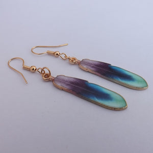 Blue, Purple & Gold Tone Feather  Drop Earrings