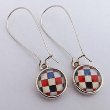 Load image into Gallery viewer, Blue, Red, Black &amp; White Checkered Dome Earrings on Long Kidney Hooks
