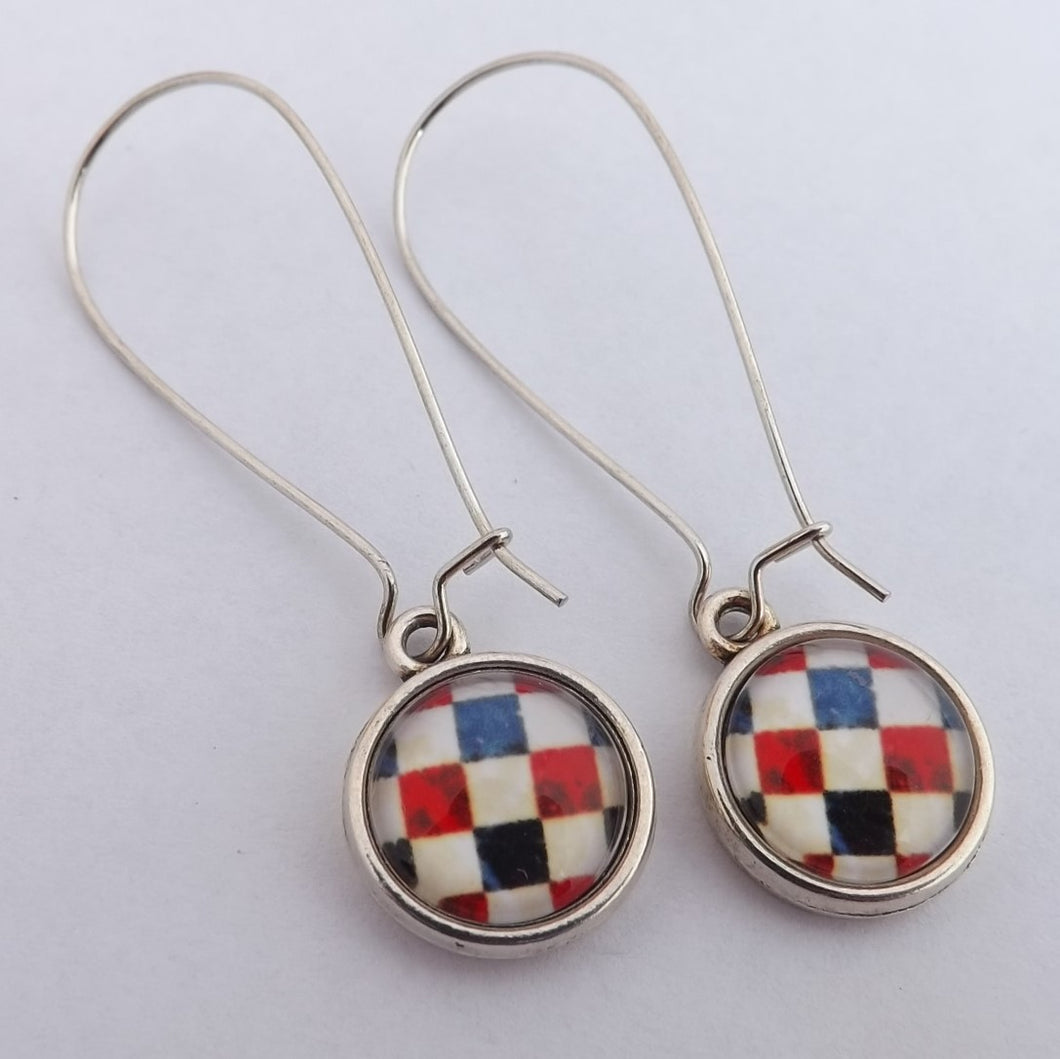 Blue, Red, Black & White Checkered Dome Earrings on Long Kidney Hooks