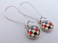 Load image into Gallery viewer, Blue, Red, Black &amp; White Checkered Dome Earrings on Long Kidney Hooks
