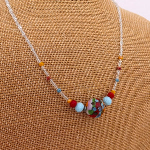 Blue, Red & Orange Floral Lampwork Handmade Bead Necklace (Made in NZ)