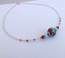 Load image into Gallery viewer, Blue, Red &amp; Orange Floral Lampwork Handmade Bead Necklace (Made in NZ)
