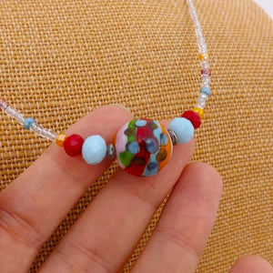Blue, Red & Orange Floral Lampwork Handmade Bead Necklace (Made in NZ)