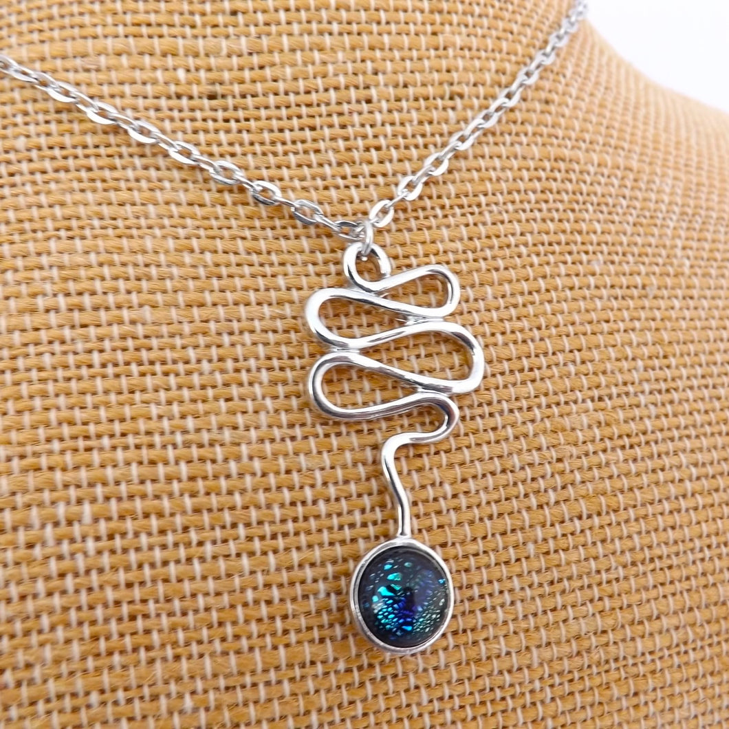 Blue & Silver Tone Dichroic Pendant Necklace