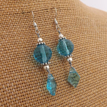 Load image into Gallery viewer, Blue &amp; Silver Tone Faceted Handmade Wire Wrap Drop Earrings
