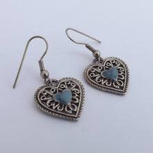 Load image into Gallery viewer, Blue &amp; Silver Tone Heart Drop Earrings
