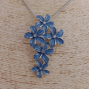 Blue & Silver Tone Flower Cluster Pendant Necklace