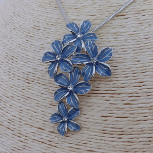 Blue & Silver Tone Flower Cluster Pendant Necklace