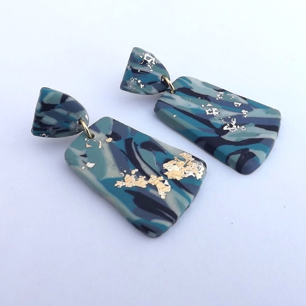 Blue & Teal Polymer Clay Drop Earrings with Gold & Silver Leaf
