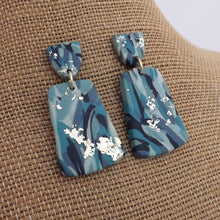 Load image into Gallery viewer, Blue &amp; Teal Polymer Clay Drop Earrings with Gold &amp; Silver Leaf
