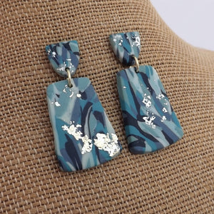 Blue & Teal Polymer Clay Drop Earrings with Gold & Silver Leaf