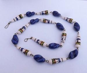 Blue & White Ceramic Chain Link Bead Necklace