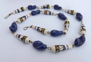 Blue & White Ceramic Chain Link Bead Necklace