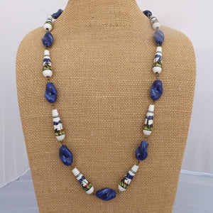 Blue & White Ceramic Chain Link Bead Necklace