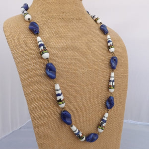 Blue & White Ceramic Chain Link Bead Necklace