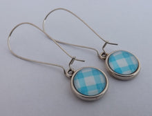 Load image into Gallery viewer, Blue &amp; White Checkered Handmade Dome Earrings on Long Kidney Hooks
