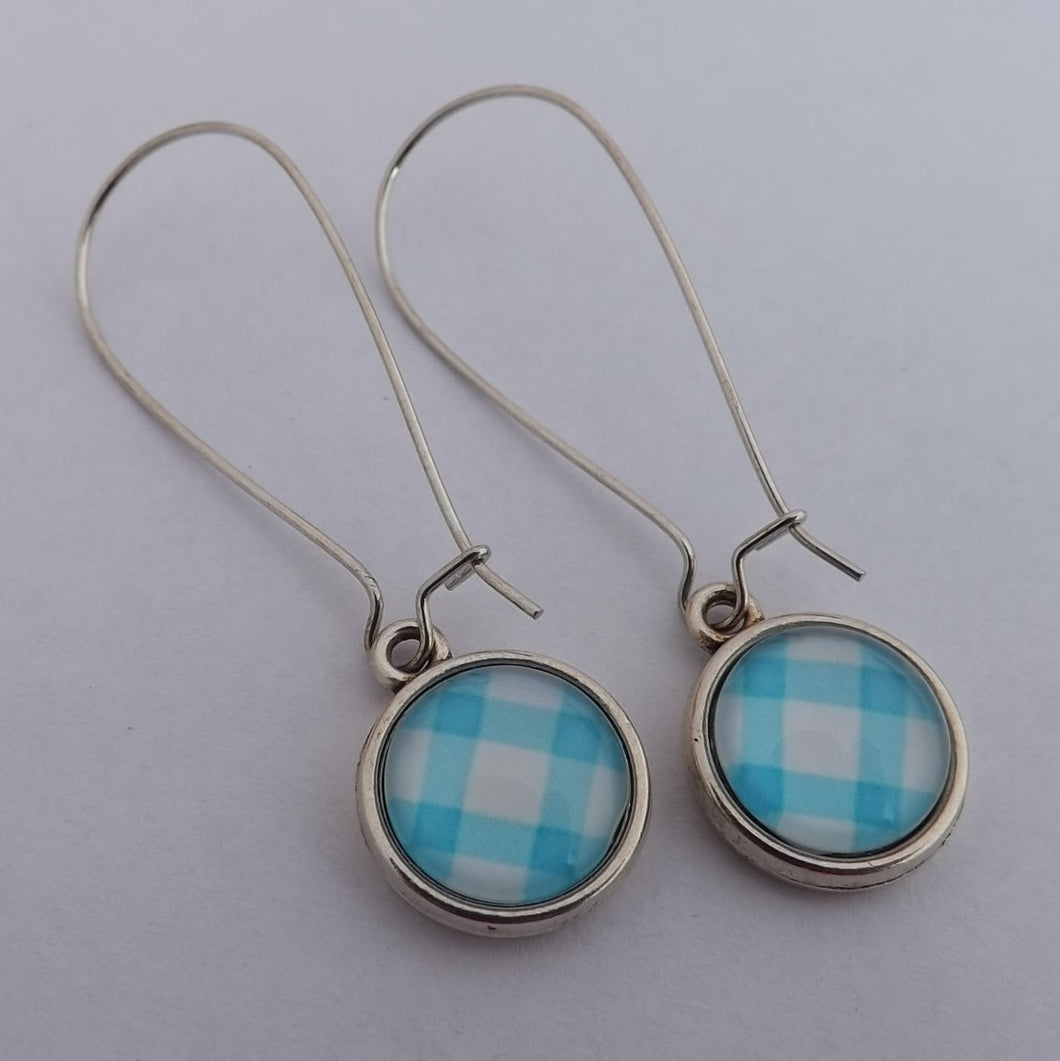 Blue & White Checkered Handmade Dome Earrings on Long Kidney Hooks