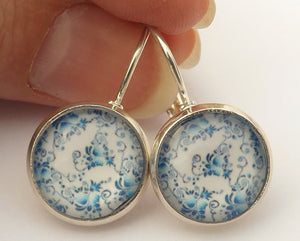 Blue & White Floral Pattern - Dome Earrings on Lever back hooks