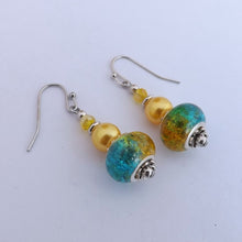 Load image into Gallery viewer, Blue &amp; Yellow Shatter Look Acrylic Bead Earrings
