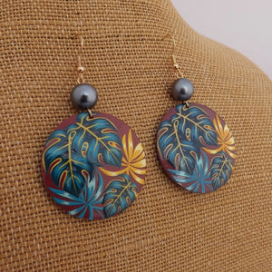 Blue & Yellow Monstera Leaves on Brown Acrylic Drop Earrings