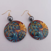 Load image into Gallery viewer, Blue &amp; Yellow Monstera Leaves on Brown Acrylic Drop Earrings
