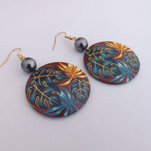 Load image into Gallery viewer, Blue &amp; Yellow Monstera Leaves on Brown Acrylic Drop Earrings
