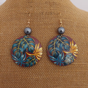 Blue & Yellow Monstera Leaves on Brown Acrylic Drop Earrings