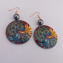 Load image into Gallery viewer, Blue &amp; Yellow Monstera Leaves on Brown Acrylic Drop Earrings
