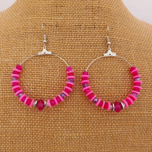 Bright Pink Clay Bead Handmade Hoop Drop Earrings