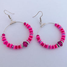 Load image into Gallery viewer, Bright Pink Clay Bead Handmade Hoop Drop Earrings
