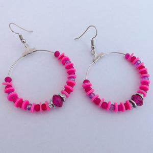 Bright Pink Clay Bead Handmade Hoop Drop Earrings