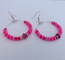 Load image into Gallery viewer, Bright Pink Clay Bead Handmade Hoop Drop Earrings
