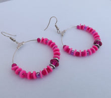 Load image into Gallery viewer, Bright Pink Clay Bead Handmade Hoop Drop Earrings
