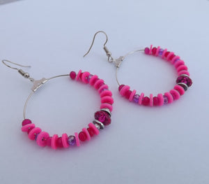 Bright Pink Clay Bead Handmade Hoop Drop Earrings