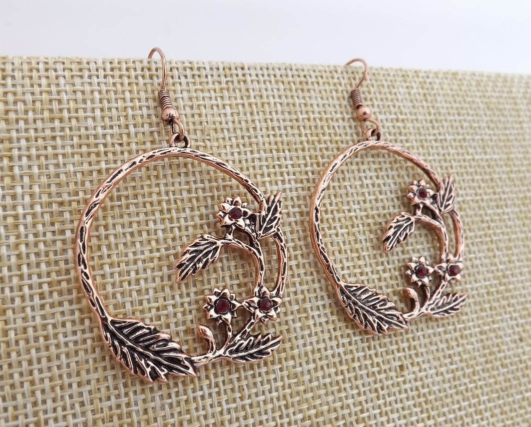 Bright Rose Gold Tone Flowers in Circle, Drop Earrings