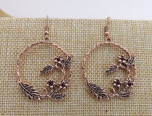 Bright Rose Gold Tone Flowers in Circle, Drop Earrings