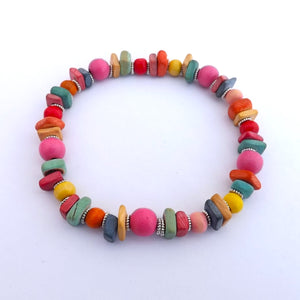 Brightly Coloured Handmade Elastic Wood Bead Bracelet