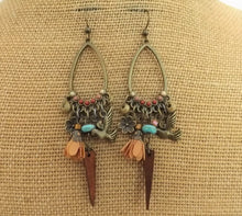 Load image into Gallery viewer, Bronze Tone Chandalier Drop Earrings with Flower &amp; Bird Charms
