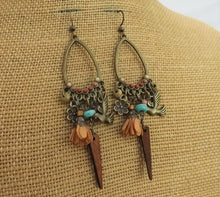 Load image into Gallery viewer, Bronze Tone Chandalier Drop Earrings with Flower &amp; Bird Charms
