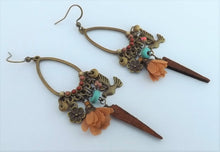 Load image into Gallery viewer, Bronze Tone Chandalier Drop Earrings with Flower &amp; Bird Charms
