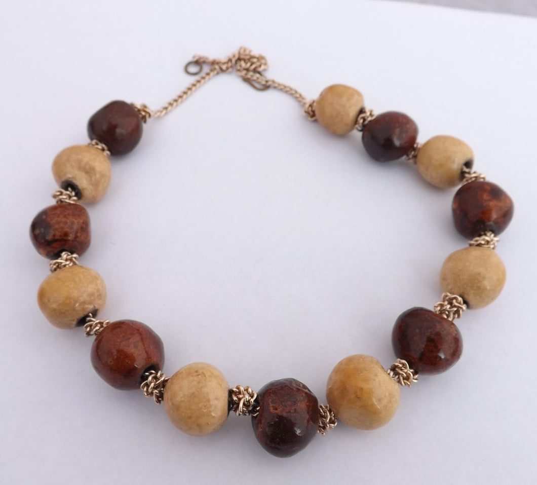 Brown & Gold Vintage Ceramic Bead Necklace (Made in NZ)