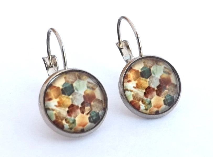 Brown & Grey Leaves Dome Earrings on Lever back hooks