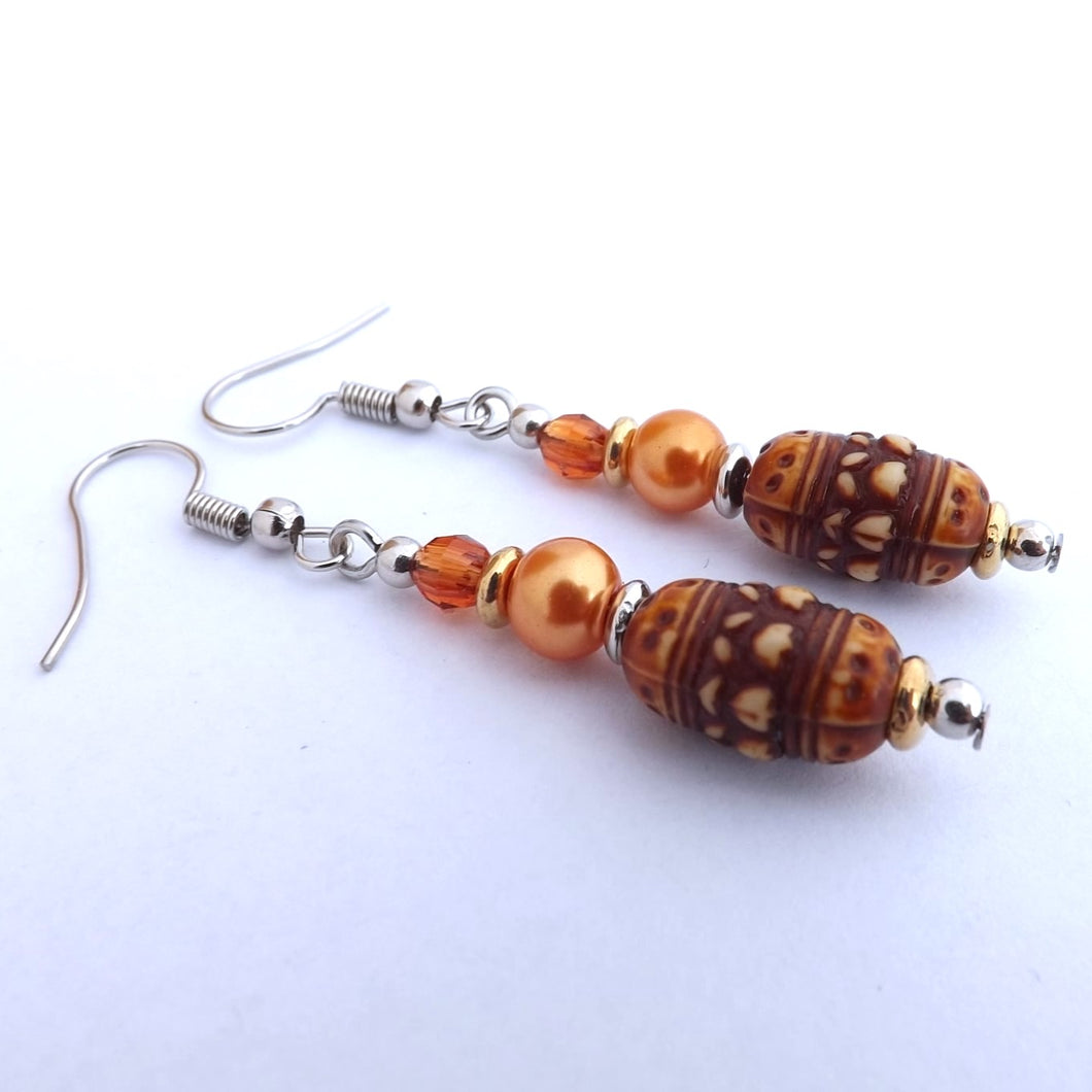 Brown & Orange Handmade Bead Earrings (Made in NZ)