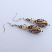 Load image into Gallery viewer, Brown &amp; Pearl Ceramic Handmade Bead Earrings
