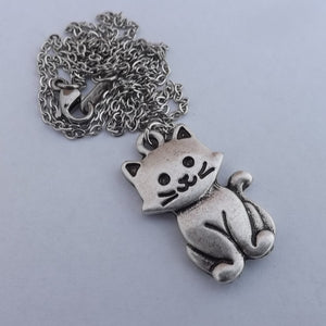 Cat Silver Tone Pendant Necklace