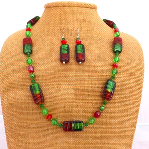 Christmas Green & Black Handmade Glass Bead Necklace